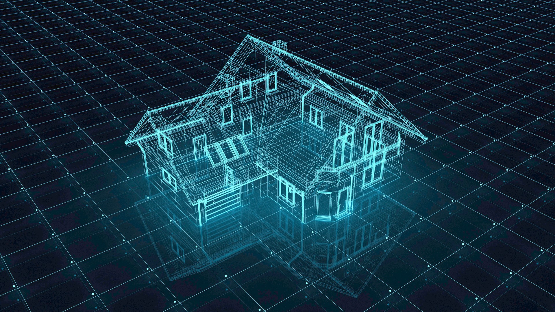 3d Hologram of a luxury home over blueprints